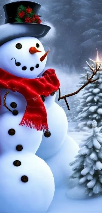 Snowman with red scarf in snowy forest, holiday mobile wallpaper.