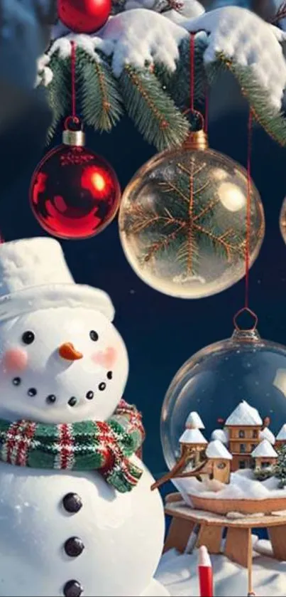 Festive snowman and Christmas ornaments wallpaper.