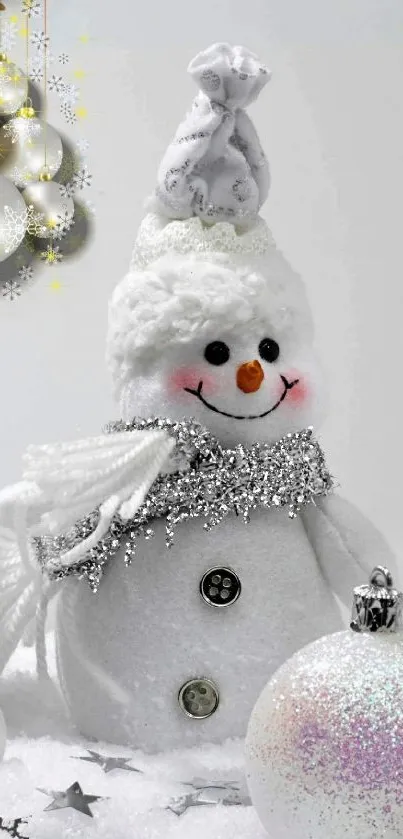 Cheerful snowman with silver ornaments on a holiday-themed background.