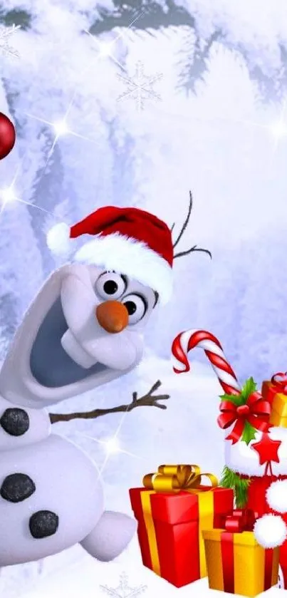 Festive snowman holding gifts and surrounded by holiday decor.