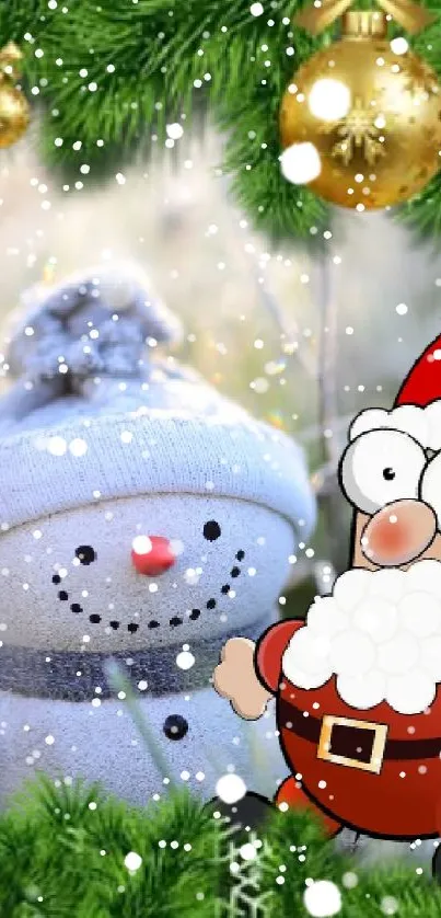 Festive holiday wallpaper with snowman, Santa, and decorative green pine.