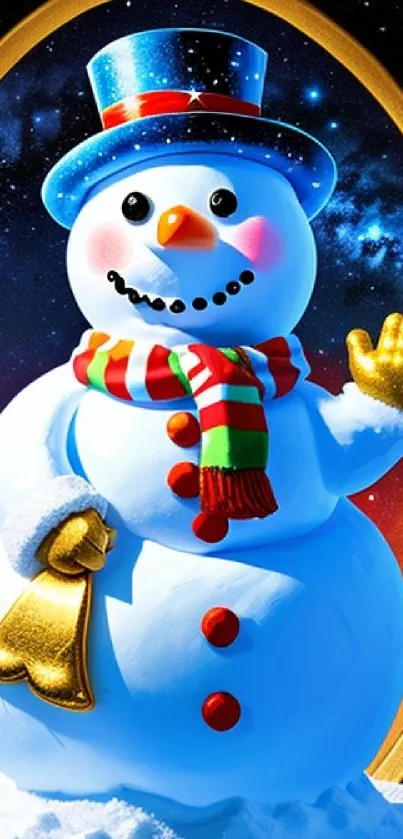 Colorful snowman with a top hat and scarf in a festive background.