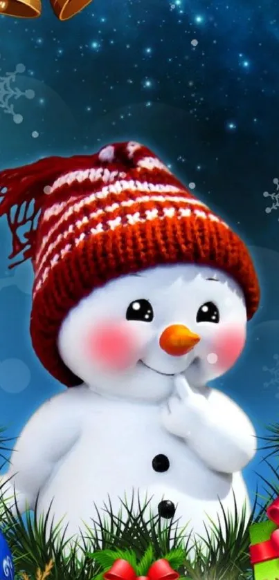Holiday snowman wallpaper with festive ornaments and blue sky.