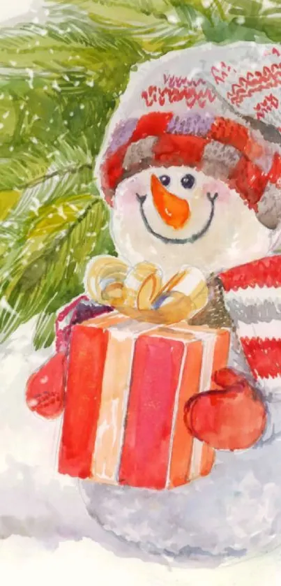 Festive snowman with gift and greenery in vibrant wallpaper.