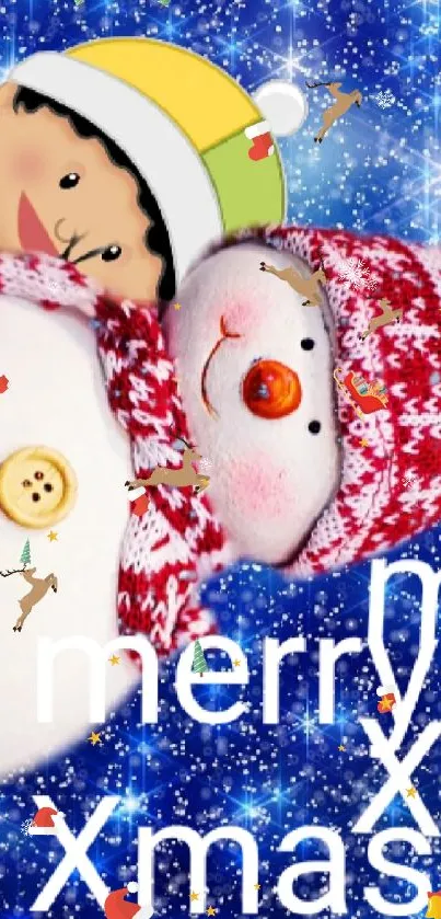Cheerful snowman with blue starry background for holiday wallpaper.