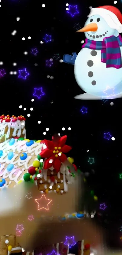 Festive snowman with gingerbread house and starry background.