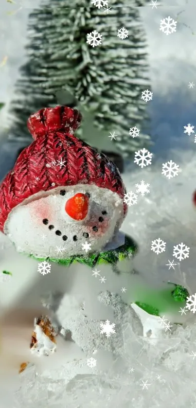 Festive snowman with flowers and mushrooms in winter scenery.