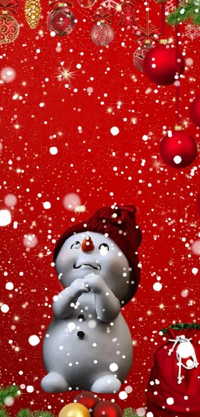 Joyful snowman with ornaments on a red holiday wallpaper.