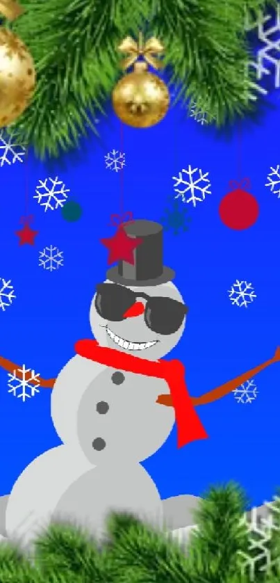 Festive snowman with ornaments and snowflakes on a blue background.