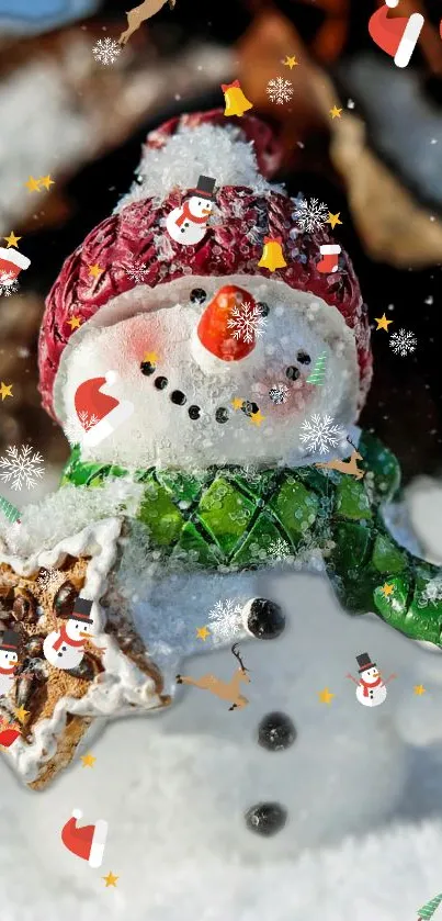 A festive snow-covered snowman with colorful decorations for mobile wallpaper.