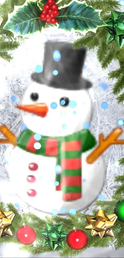 Festive snowman with wreath and holiday ornaments on mobile wallpaper.