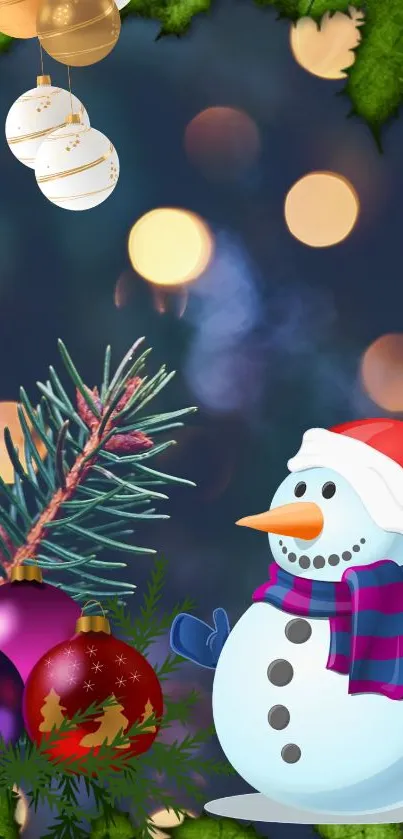 Festive snowman with Christmas ornaments and bokeh lights, holiday wallpaper.