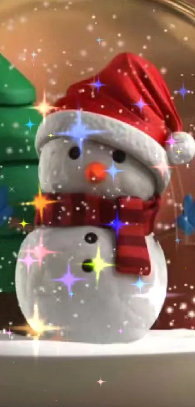 Festive snowman with Santa hat and sparkling stars on mobile wallpaper.