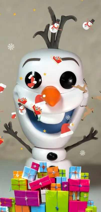 Snowman wallpaper with gifts and snowflakes, perfect for holiday cheer.