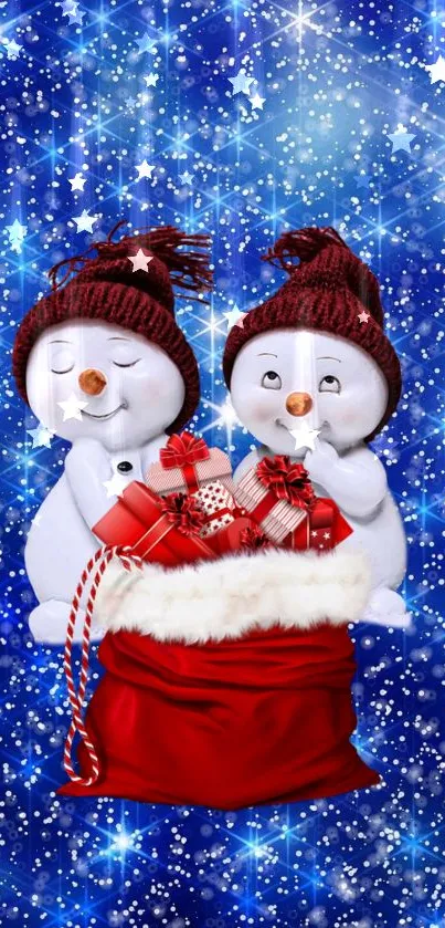 Snowmen with gifts on a starry blue background, festive mobile wallpaper.