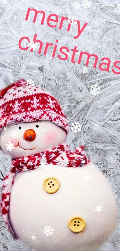 Snowman on icy background with 'Merry Christmas' text.