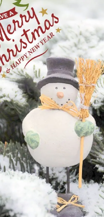 Charming snowman among frosty pine needles with Christmas greeting.