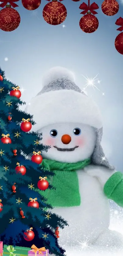 Festive snowman and Christmas tree mobile wallpaper.