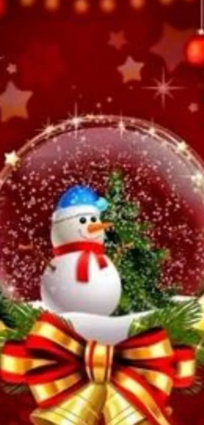 Festive snowman in a snow globe with Christmas ornaments on red background.