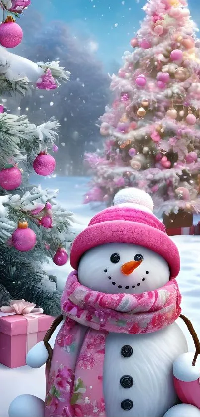 Snowman in pink scarf beside Christmas trees.