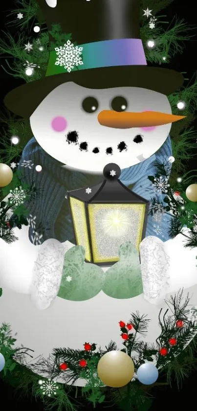 Snowman with lantern and holiday decor mobile wallpaper.