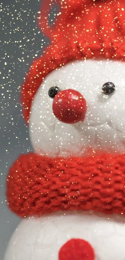Charming festive snowman with red scarf and hat on a winter-themed wallpaper.