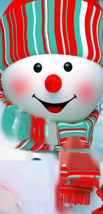 Festive snowman with striped hat and scarf, surrounded by wintry elements.