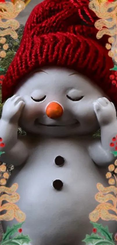 Smiling snowman with red hat, festive decorations, holiday theme.