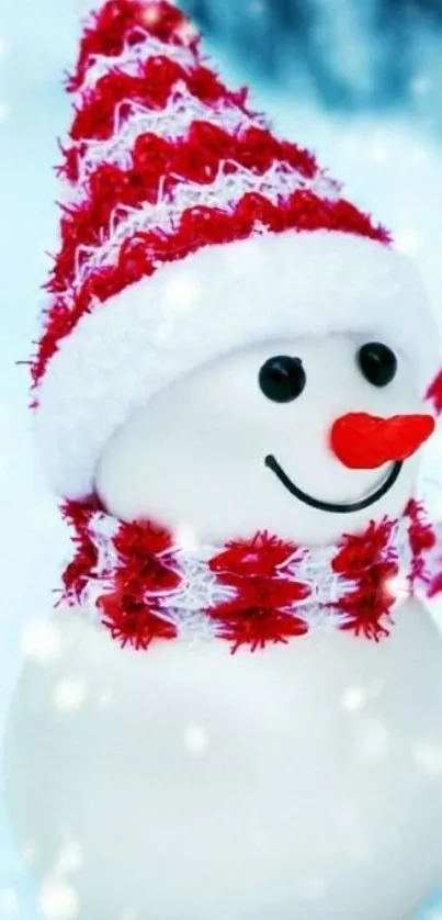 Cheerful snowman with red scarf and hat on snowy background.