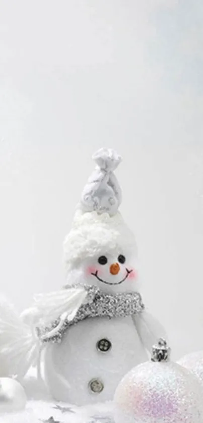 Charming snowman with festive decor on a winter background.