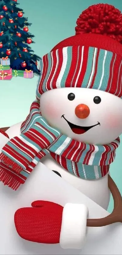 Cheerful snowman with red hat and scarf, Christmas tree in background.