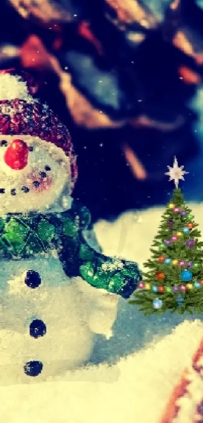 Cheerful snowman with a holiday-themed background for mobile devices.