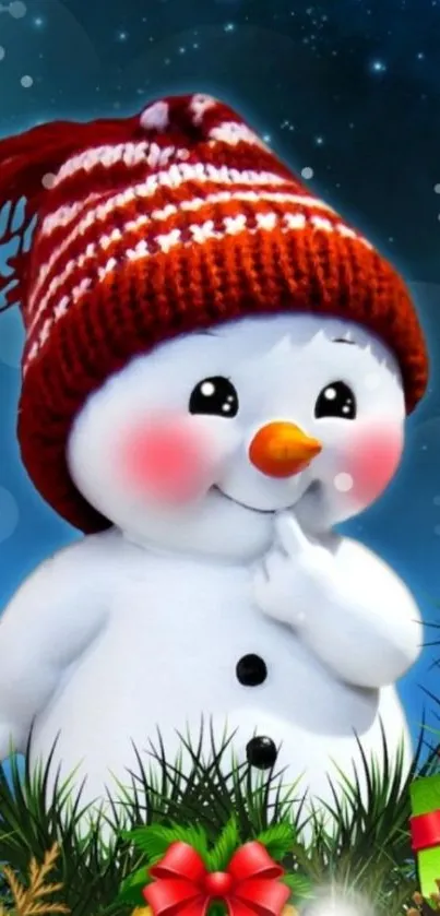 Festive snowman with red hat and holiday decorations.