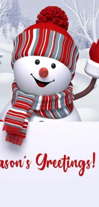 Snowman with red scarf and hat in snowy landscape, Season's Greetings.