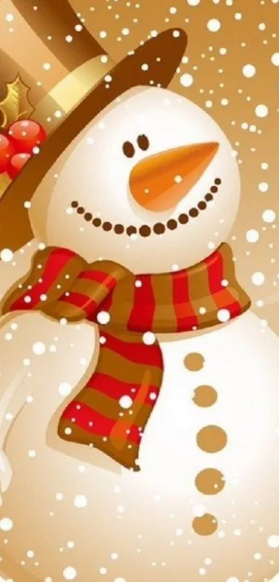 Charming snowman with a hat and scarf on a snowy mobile wallpaper.