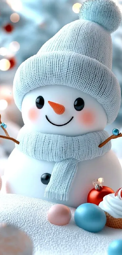 Adorable smiling snowman with ornaments and a cozy winter hat.