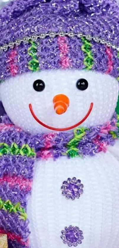 Festive snowman with purple hat and scarf mobile wallpaper.