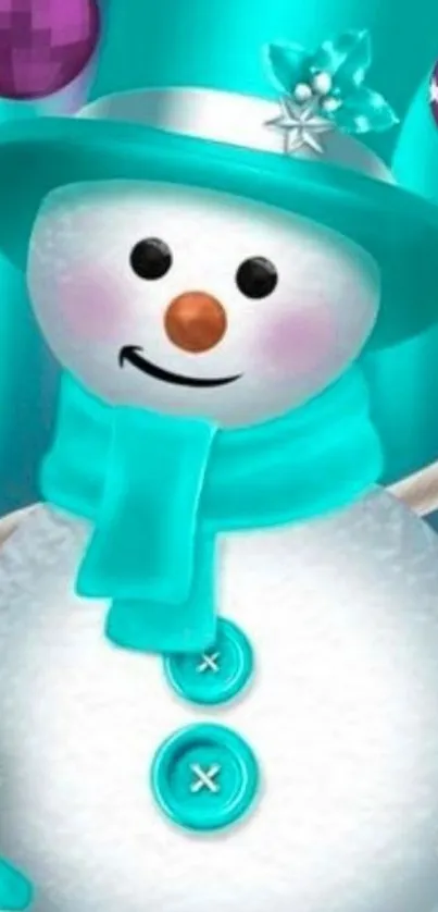 Festive snowman with turquoise hat and scarf on a winter-themed background.