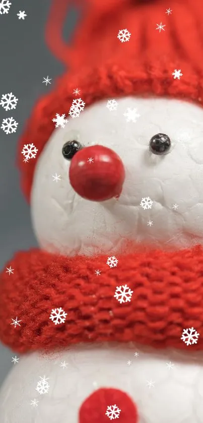 Cute snowman with red hat and scarf on gray background.