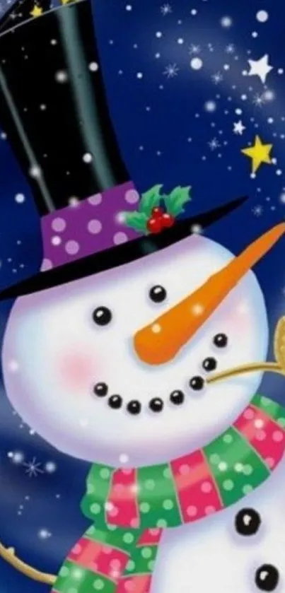 Cheerful snowman with hat and scarf in a starry, festive background.