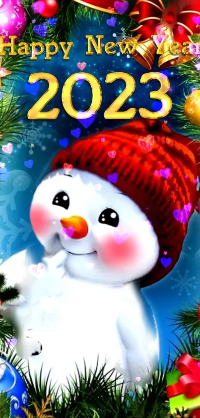 Colorful 2023 New Year wallpaper with snowman.