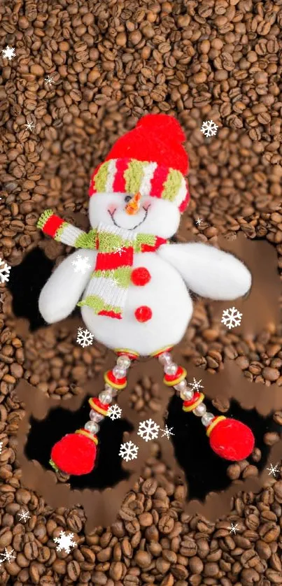 Cheerful snowman lying on coffee beans with snowflakes and festive accents.