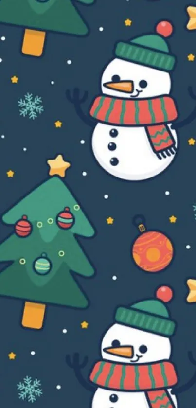 Festive snowman and Christmas tree wallpaper on a dark blue background.