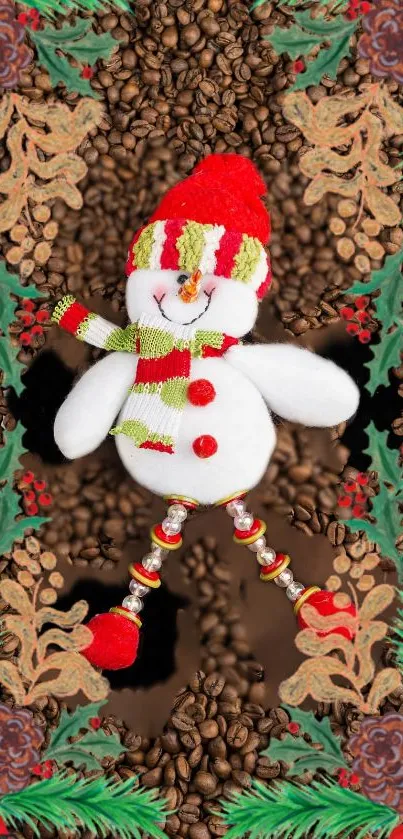 Festive snowman with coffee bean backdrop, pine cones, and vibrant foliage.