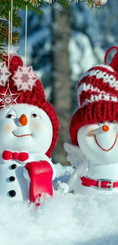 Cheerful snowmen in festive hats in snowy background.