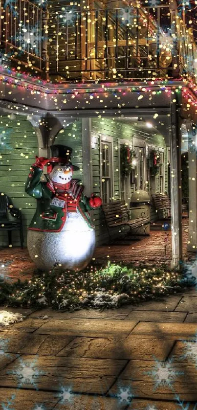 Snowman under festive lights on a cozy street corner.