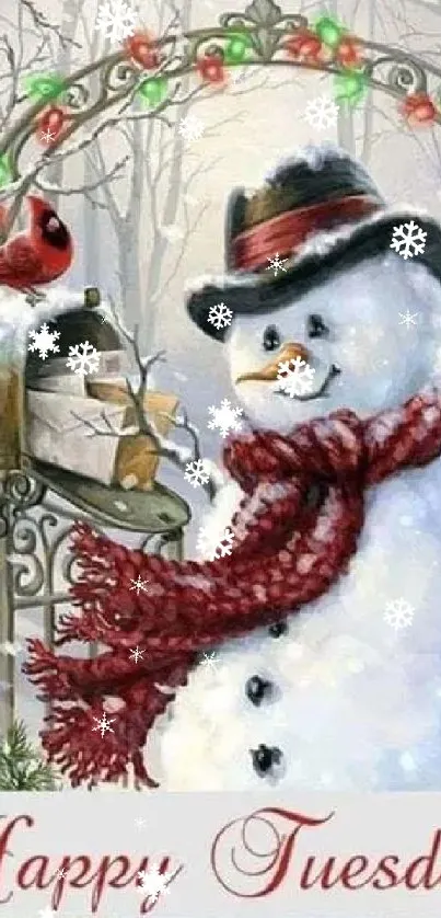 Snowman with a red scarf and cardinal in a festive winter scene.