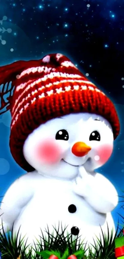 Cheerful snowman in a red beanie with festive decorations on a blue background.