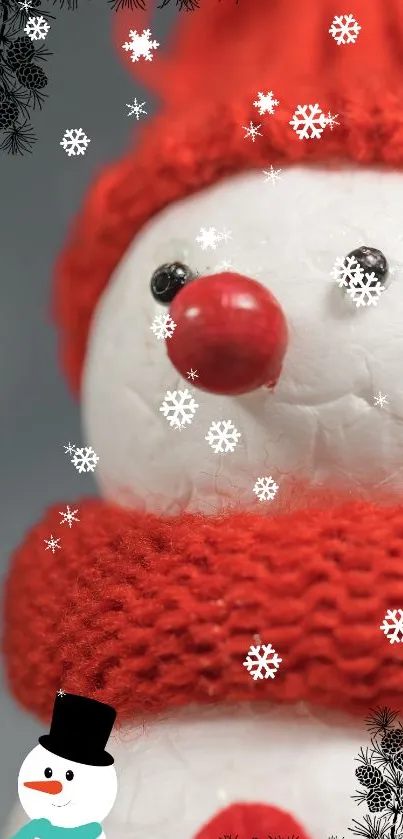 Cheerful snowman with red scarf and hat, surrounded by snowflakes on mobile wallpaper.