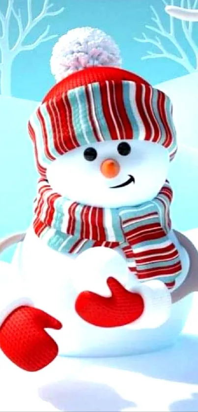 Cheerful snowman with red hat and scarf in a snowy winter scene.